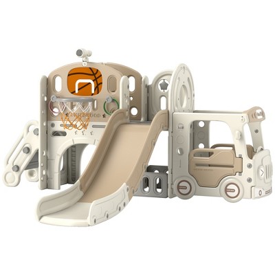 Qaba Toddler Slide, Kids Slide with Climber, Basketball Hoop, Indoor Slide, Cream White