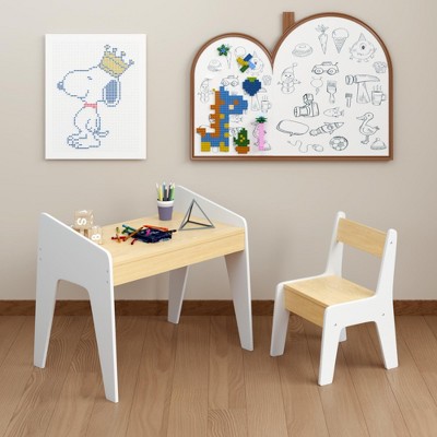 Kids Table Set with One Chair, Wooden Children Study Table, 2-8 Age Kids Funiture , White+Natural