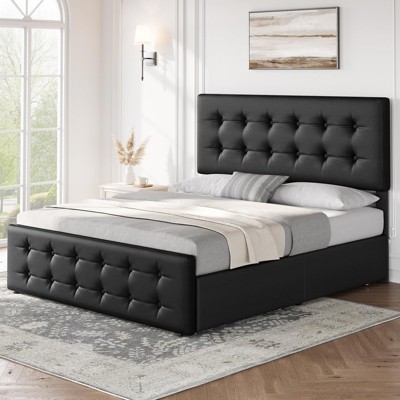 Full/Queen/King Bed Frame with 4 Drawers & Adjustable Headboard, Faux Leather Upholstered Mattress Foundation, Button Tufted Design