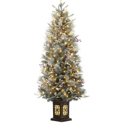 4.5ft Pre-Lit Snow Flocked Christmas Tree, Artificial Potted Xmas Tree with 200 Warm Lights, 8 Lighting Modes, Faux Berries, Antique Urn Base