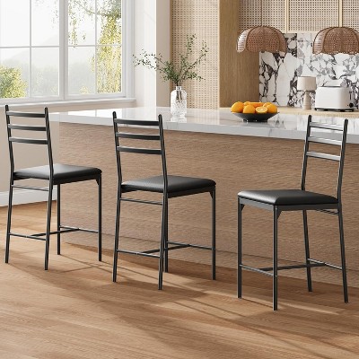 Bar Stools Set of 4, Faux Leather Bar Chair, Iron Metal Frame, Upholstered Counter Height Bar Stools for Kitchen Island, Counter Bar, Black