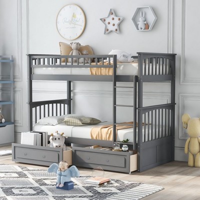 NicBex Twin Size Bunk Bed Convertible Design Bed Frame with 2 Drawers, Guardrails and Ladder, No Spring Box Required