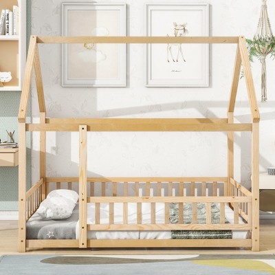 YOOCOZZ Full Size Floor Wooden Bed with House Roof Frame, Fence Guardrails