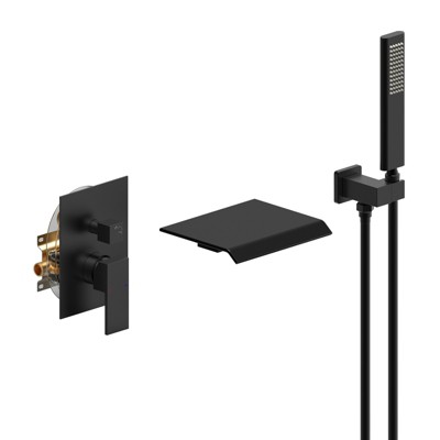Cobbe Matte Black Waterfall Bathtub Shower Faucet Set with Hand Shower, Wall Mount Tub Shower System with Solid Brass Rough-in Valve Shower Trim Kit