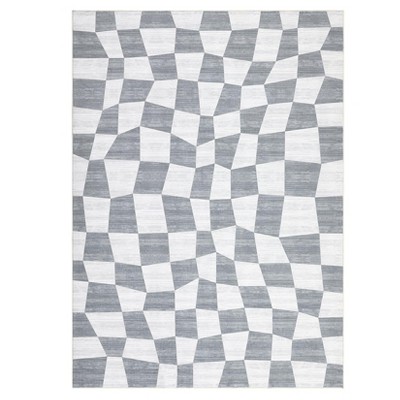 2 x 6 ft Polyester Dark Blue Rectangular Hallway Entryway Bathroom Kitchen Geometric Checkered Modern Machine Washable Runner Rug