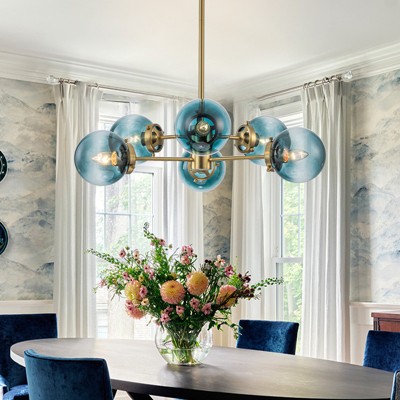 LLHZSY Modern 6-Light Sputnik Ceilling Chandelier Globe Gradient Blue Glass 30 7/10" Wide Light Fixture for Dining Room-Gold