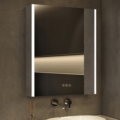 HBEZON LED Medicine Cabinet with Mirrors and Lights, Recess/Wall Mount Bathroom Cabinet, 3 Mode Light, Dimmable, Anti-Fog, Outlet, Silver