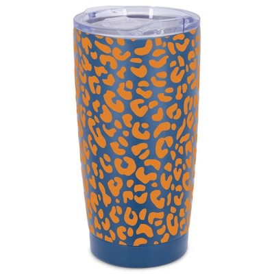 Elanze Designs 20 oz Stainless Steel On the Go Insulated Travel Tumbler With Push Top Lid, Tangerine Orange Cheetah Leopard Print Blue