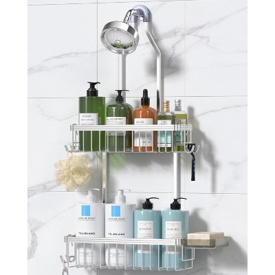 Aoibox Hanging Shower Caddy Organizer with 2-Tier Baskets, 3 Hooks & Soap Holder, Rust-Resistant Aluminum, Anti-Slip Design for Bathroom Storage