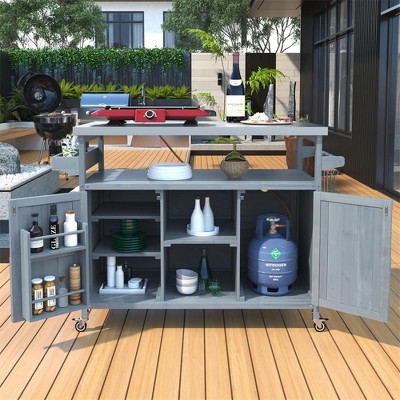 Outdoor Grill Table with Stainless Steel Top, Rolling Bar Cart & Storage Cabinet W/Internal Storage Rack, Farmhouse Rolling Bar Cart & Storage Cabinet
