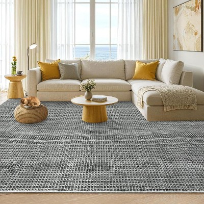 Acekool 5x7 Boho Washable Area Rug, Soft Ultra Thin Waffle Print Non-Slip Carpet, Low Pile Accent Rug for Living Room, Bedroom, Brown