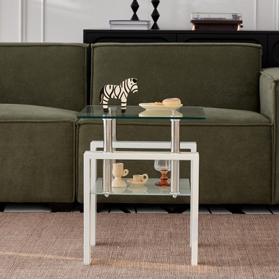MAYEERTY End Table White Tempered Clear Glass 2 Layers Small Table with Storage Living Room Side Table