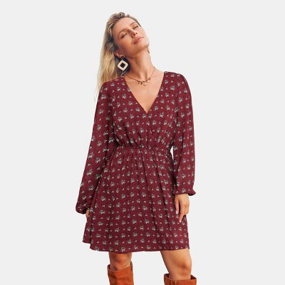 Women's Cranberry Plunging Neck Long Sleeve Mini Dress - Cupshe
