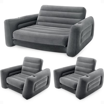 Intex Inflatable Furniture Set with Pull Out Sofa Chair Queen Sized Air Bed Mattress and 2 Pull Out Sofa Bed Sleep Away Futon Couch, Dark Gray