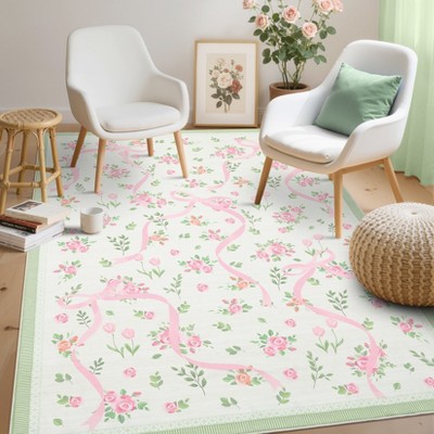 Washable Botanical Floral Print Living Room Rugs, Soft Non Slip Indoor Modern Floor Carpet for Home Office