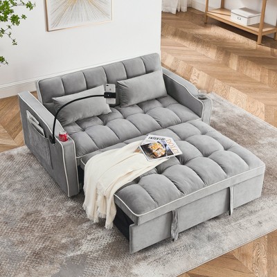 MYINDA Velvet Multifunctional Folding Sofa Bed with Adjustable Backrest, USB Port, Cup Holder and Cell Phone Holder