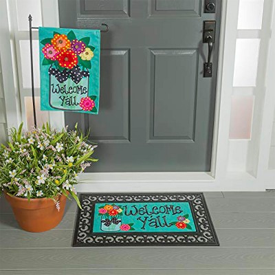 Evergreen Indoor Outdoor Welcome Y'all Bundle Set of 4 - Garden Flag stand and Flag, Sassafras Doormat Frame and Sassafras Insert