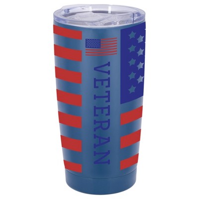 100 North 20 Ounce Stainless Steel On the Go Travel Tumbler With Push Top Lid, American Flag Veteran Blue
