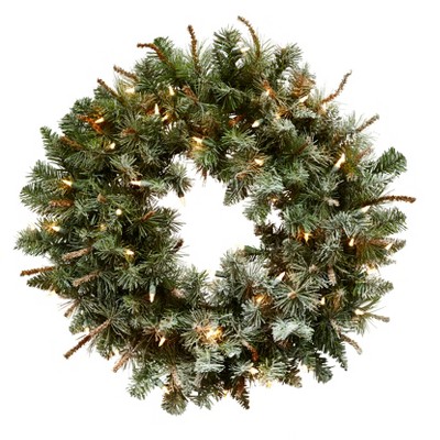 Nearly Natural 30-in Lighted Frosted Pine Wreath