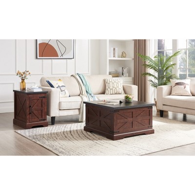 Farmhouse Coffee Table & End Table Set, Rustic Barn Door Design with Hinged Lift Top Storage, Square Cocktail Table for Living Room