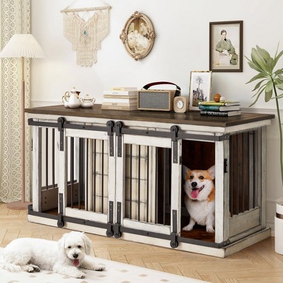 Erommy 62.5" Dog Crate Furniture, Dog Kennel TV Cabinet with Sliding Door, Heavy Duty Wooden Dog Cage for X-Large Dog