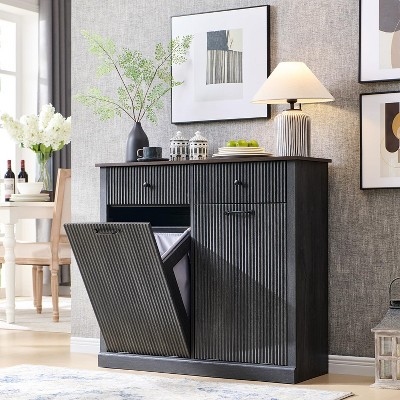 Tilt-Out Trash Cabinet, Fluted Laundry Hamper Cabinet with Drawers, Wooden Hidden Garbage Can Bin Cabinet with Storage Basket for Kitchen, Living Room