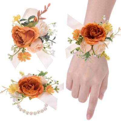 Unique Bargains Artificial Camellia Flower Wedding Wrist Corsage and Boutonnieres Set 3.5" x 4.7" 2 Pcs