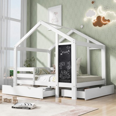 Full Size House Bed with Blackboard and Drawers