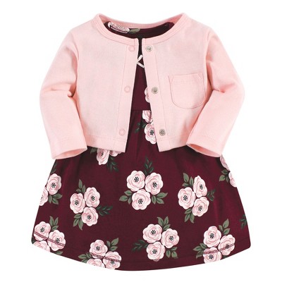 Hudson Baby Baby Girls Cotton Dress and Cardigan Set, Burgundy Floral