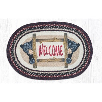 Earth Rugs Bear Welcome Oval Patch Tread Rug – 20"x30" Wool Blend, Rustic Cabin Accent with Hand-Stitched Bear & Text Design