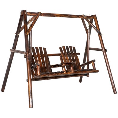 Resenkos 2-Seat Swing Chair With Table, Wooden Porch Swing Stand, Garden Poolside Backyard Relaxation, Carbonized Wood