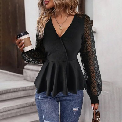 Women's V Neck Mesh Panel Blouse Puff Sleeve Elegant Tops Blouse