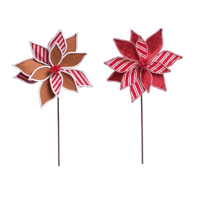 Transpac Dimensional Poinsettia Pick Set of 2 Christmas Home Decorations Polyester Decorative Objects