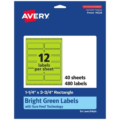 Avery Bright Green Paper Labels, 1.25" x 3.75" Rectangle