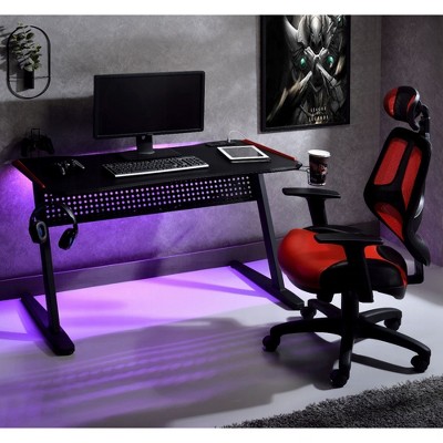 RISOKEYS Gaming Computer Desk Gaming Table with Cup Holder Headphone Hook,Z-Shaped Leg, Easy to Assemble for Bedroom Small Space Upgrade,Black and Red