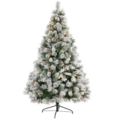 Nearly Natural 7-ft Flocked Oregon Pine Artificial Christmas Tree with 400 Clear Lights and 834 Bendable Branches