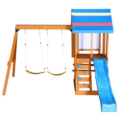 TopComfy Playground Swings 3 in 1 Wooden Swing Set with Slide and Climber for Backyard Play, Blue, 131.1"*94.5"*96.4"
