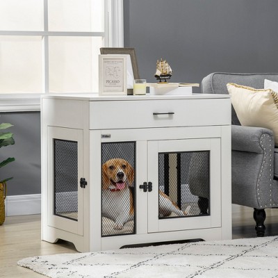 Gulches Dog Crate Furniture with Soft Water-Resistant Cushion, Dog Crate End Table with Drawer, Puppy Crate for Small Dogs Indoor with 2 Doors, White