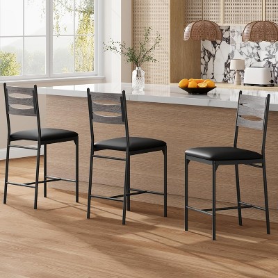 Bar Stools Set of 2 — Counter Height Upholstered Stools with 16" Thick Cushions, Metal Frame, Wooden Back & Footrest, Waterproof PU