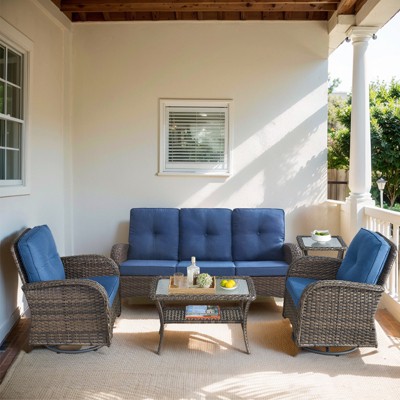 Buenhomino Outdoor 5 Pieces Coversation Set with Swivel Rocking Chair, Patio Furniture High Back Couch with Coffee Table for Porch Balcony Backyard