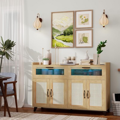 Sideboard Buffet Cabinet With Power Outlet & LED Light, Kitchen Storage Cabinet With 2 Fluted Acrylic Drawers & 4 Rattan Doors