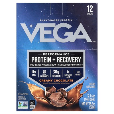Vega Performance, Protein + Recovery, Creamy Chocolate, 12 Packs, 1.6 oz (44 g) Each