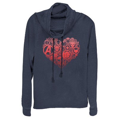 Juniors Womens Marvel Valentine's Day Hero Icon Heart Cowl Neck Sweatshirt