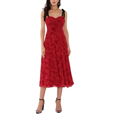 INSPIRE CHIC Women's Sleeveless Spaghetti Strap Floral Mesh A-Line Midi Dress
