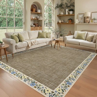 Washable Living Room Rug Floral Bordered Area Rugs Soft Thin Indoor Carpet