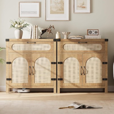 2PCS Rattan Sideboard Buffet Cabinets with Storage, Farmhouse Storage Cabinet, Wooden Coffee Bar Cabinet for Kitchen, Dining Room, Living Room