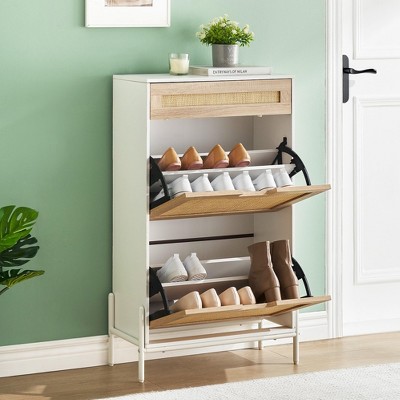 GustoWave 2 Flip Drawers Shoe Storage Cabinet with 1 Drawer, Rattan Shoe Organizer with Metal Legs, Freestanding Narrow Shoe Rack Cabinet for Entryway