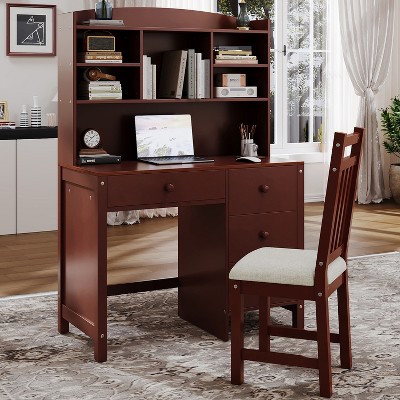 Writing Desk and Upholstered Chair Set with Bookshelf, 40'' Vintage Computer Desk with 4 Drawers, Hutch, and Chair