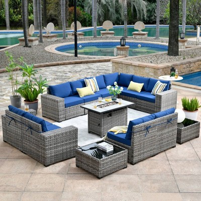 Marlton 13pc Wicker Outdoor Patio Furniture Set Conversation Sofa Set with a Rectangle Fire Pit and Cushions