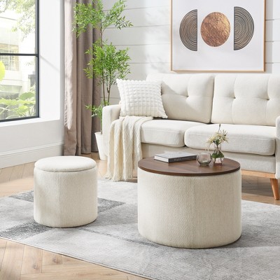 2-Piece Set Round Chenille Storage Ottoman, Equipped with a Drum Shaped Small Stool, Storage Space, and Desktop Panel(Beige 23.62inx23.62inx16.53in)